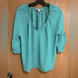 Teal V-Neck Top With Swiss Dot Detail